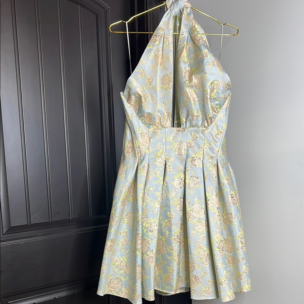 Elegant Halter Dress with Gold Floral Pattern
